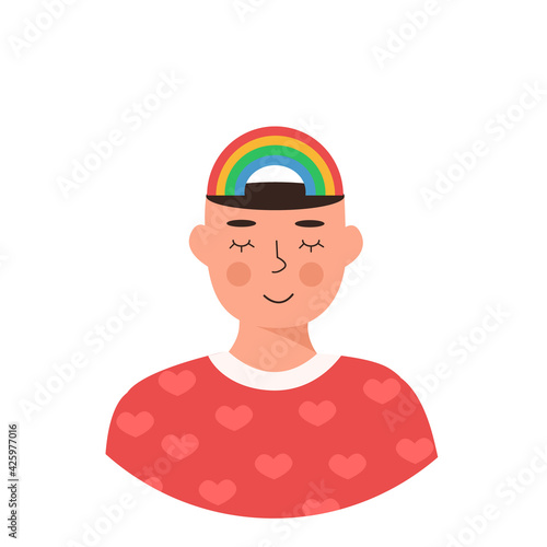 Male happy character with rainbow on head vector flat illustration. LGBT Man or woman with close eyes. Positive thinking concept, self care, healthy slow life. Gay person. Hippie culture. Meditation.