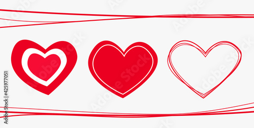 Set of red drawn hearts in lined frame. Love symbol