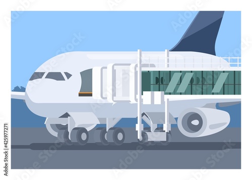 Airplane and passenger boarding bridge. Simple flat illustration  photo