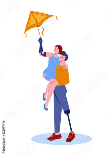 A guy with a prosthetic leg holds a girl with a bionic prosthetic arm in his arms. They are flying a kite. Vector illustration in flat style. Isolated on white.