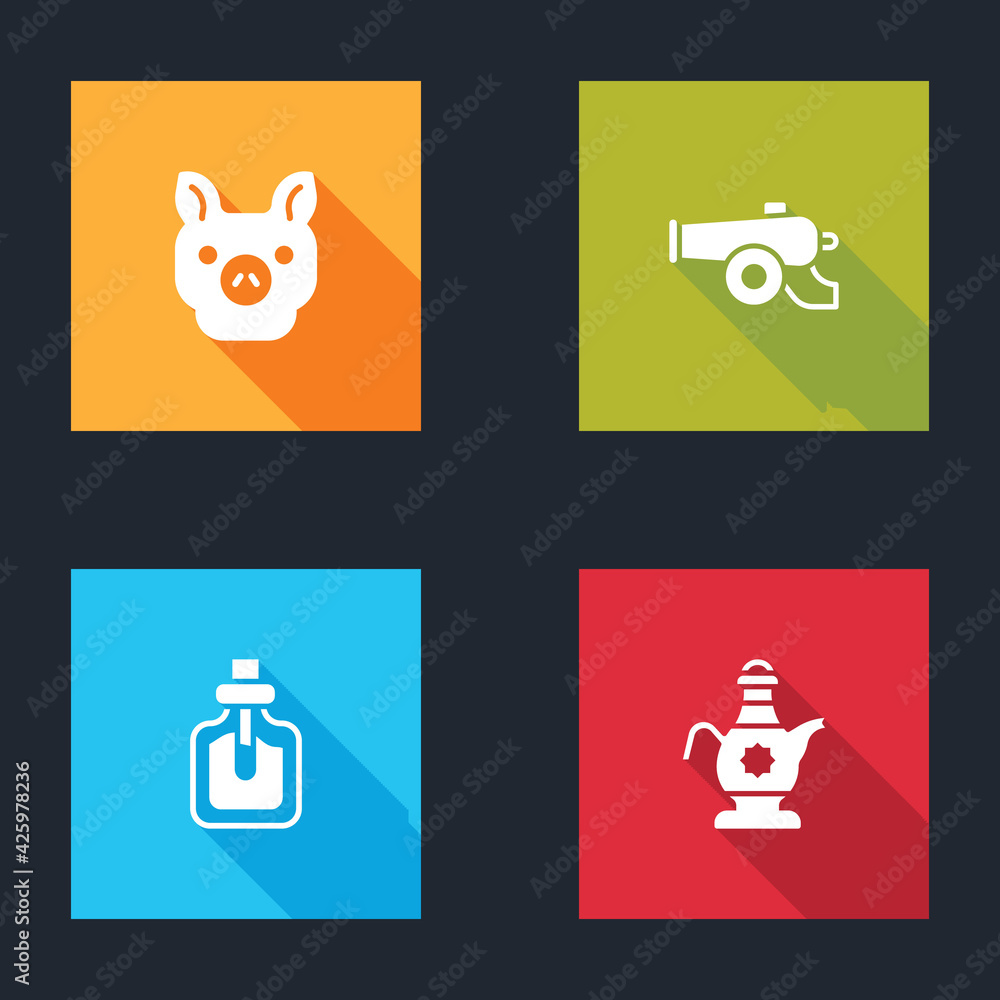 Set Pig, Ramadan cannon, Perfume and Islamic teapot icon. Vector Set Pig, Ramadan cannon, Perfume and Islamic teapot icon. Vector