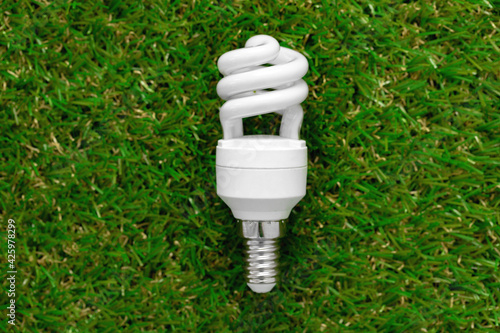 Energy efficient light bulb lying on grass