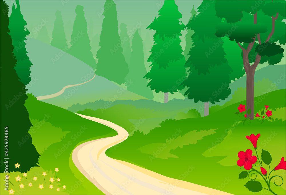 Fototapeta premium Beautiful summer forest background with pine trees and flowers