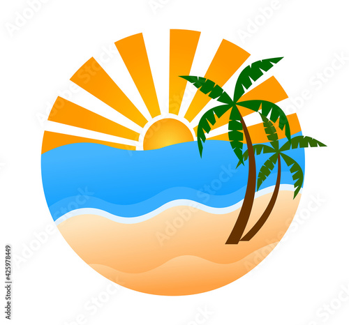 Beach logo icon with rising sun and palm tree