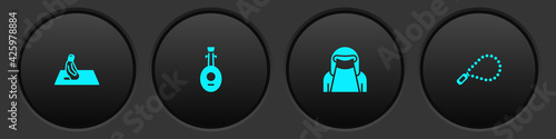 Set Muslim man prays, Lute, woman in niqab and Rosary beads religion icon. Vector