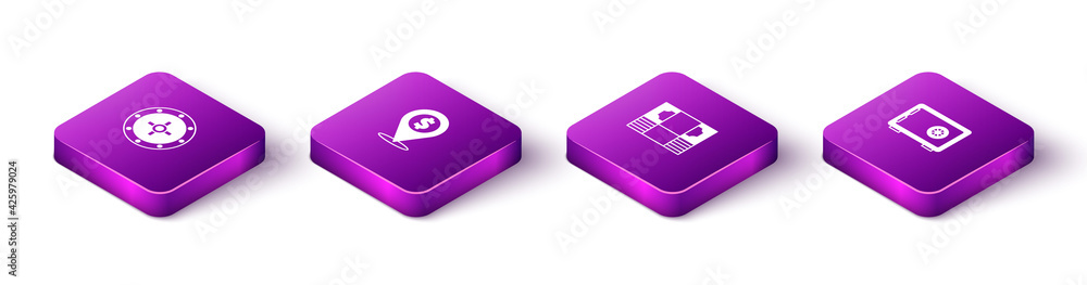 Set Isometric Safe, Cash location, Stacks paper money cash and icon. Vector Set Isometric Safe, Cash location, Stacks paper money cash and icon. Vector
