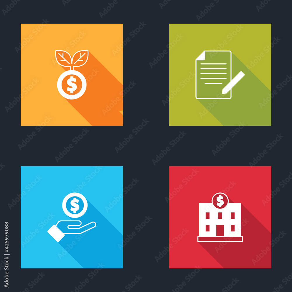 Set Dollar plant, Document and pen, Hand giving money and Bank building icon. Vector Set Dollar plant, Document and pen, Hand giving money and Bank building icon. Vector