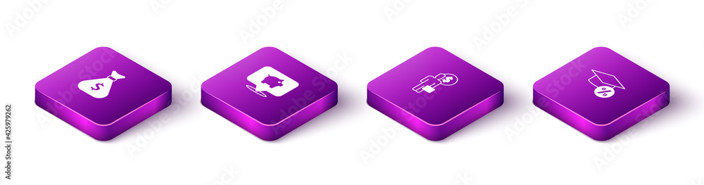 Set Isometric Money bag, Piggy bank, Business man planning mind and Graduation cap and coin icon. Vector Set Isometric Money bag, Piggy bank, Business man planning mind and Graduation cap and coin icon. Vector