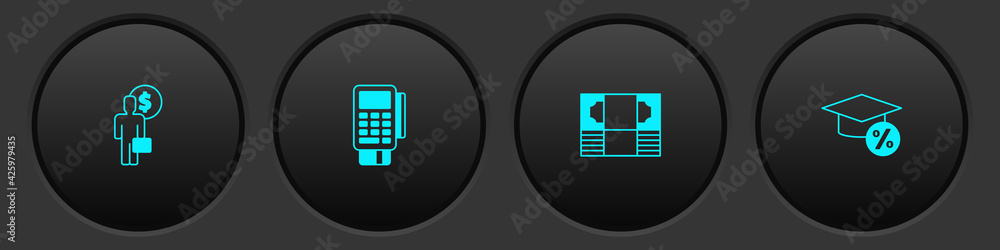 Set Business man planning mind, POS terminal with credit card, Stacks paper money cash and Graduation cap and coin icon. Vector Set Business man planning mind, POS terminal with credit card, Stacks paper money cash and Graduation cap and coin icon. Vector