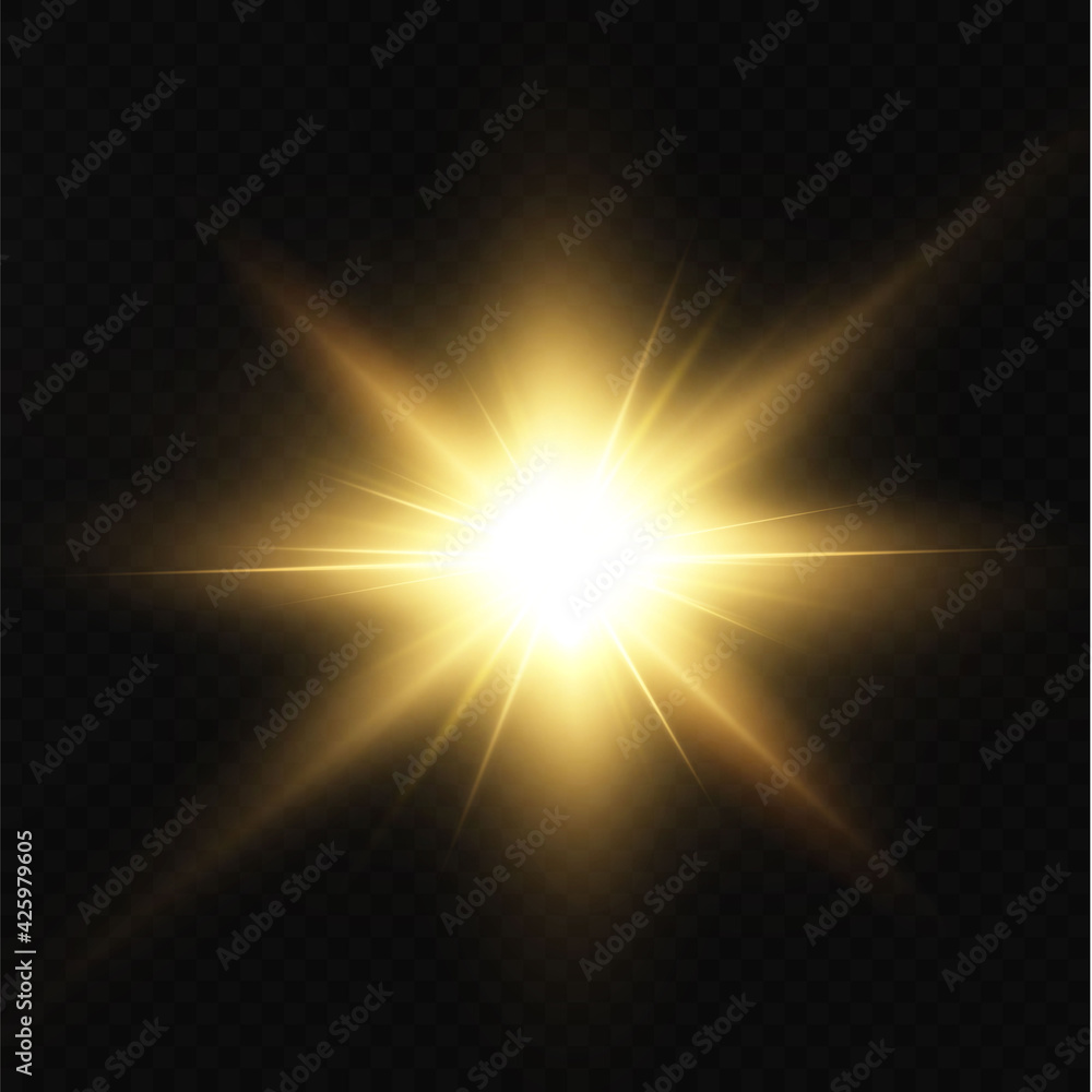 The sun is shining bright light rays with realistic glare. Light star on a transparent black background.	
