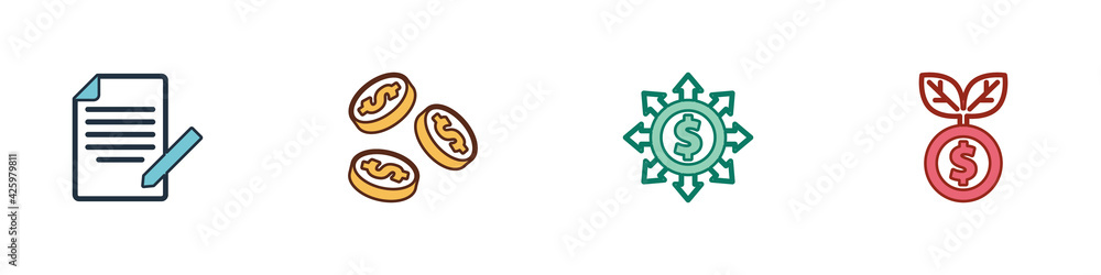Set Document and pen, Coin money with dollar, Dollar, share, network and plant icon. Vector Set Document and pen, Coin money with dollar, Dollar, share, network and plant icon. Vector