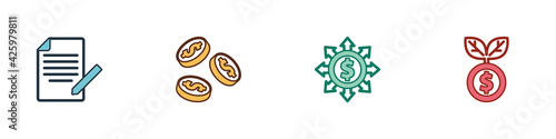 Set Document and pen, Coin money with dollar, Dollar, share, network and plant icon. Vector