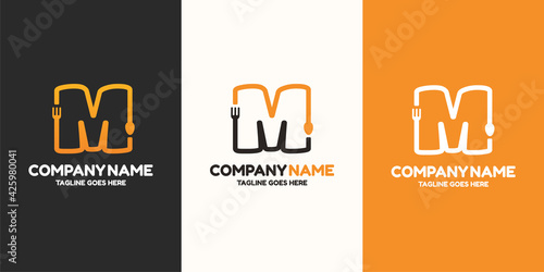 Initial letter M food Logo Design Template. Illustration vector graphic. Design concept fork and spoon With letter symbol. Perfect for  cafe, restaurant, cooking business