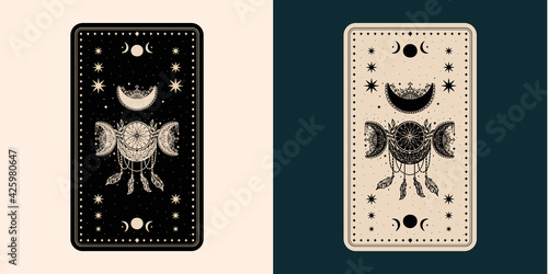 Mystical tarot desk card.Occult esoteric vintage tarot card.Witch fortune telling template theme. photo