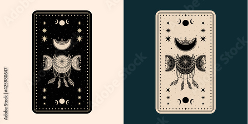 Mystical tarot desk card.Occult esoteric vintage tarot card.Witch fortune telling template theme.
