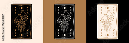 Mystical tarot desk card.Occult esoteric vintage tarot card.Witch fortune telling template theme.