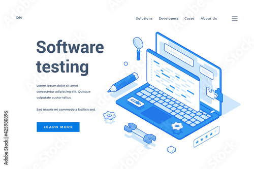 Contemporary elements of laptop and tools for web page offering information about modern software testing isolated on white background. Isometric web banner, landing page template