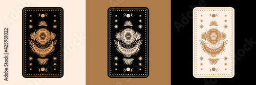 Mystical tarot desk card.Occult esoteric vintage tarot card.Witch fortune telling template theme.