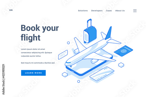 Vector banner of contemporary website with icons of mobile phone and airplane with tourist items offering information about booking flight. Isometric web banner, landing page template