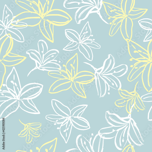 Hand-drawn floral background. Vector seamless pattern in doodle style. Yellow and white flowers on a gray background.