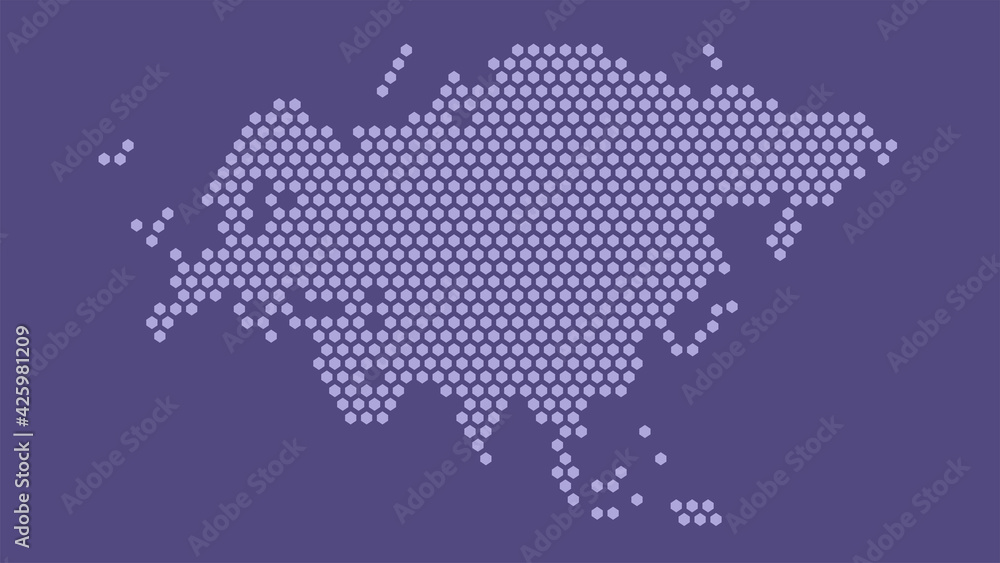 Purple hexagonal pixel map of Eurasia. Vector illustration Eurasian continent hexagon map.