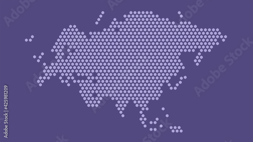 Purple hexagonal pixel map of Eurasia. Vector illustration Eurasian continent hexagon map.