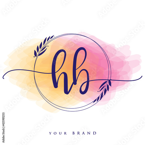 HB Initial handwriting logo. Hand lettering Initials logo branding, Feminine and luxury logo design isolated on colorful watercolor background.