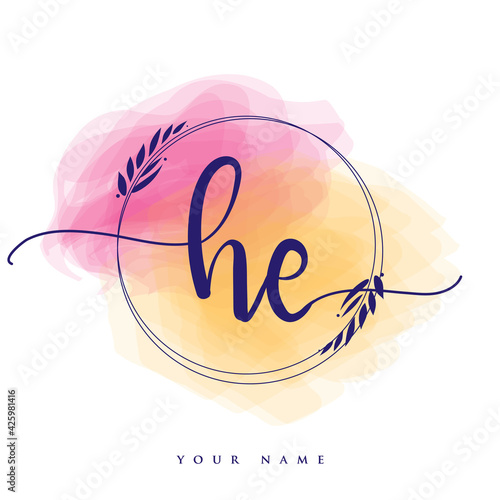 HE Initial handwriting logo. Hand lettering Initials logo branding, Feminine and luxury logo design isolated on colorful watercolor background.