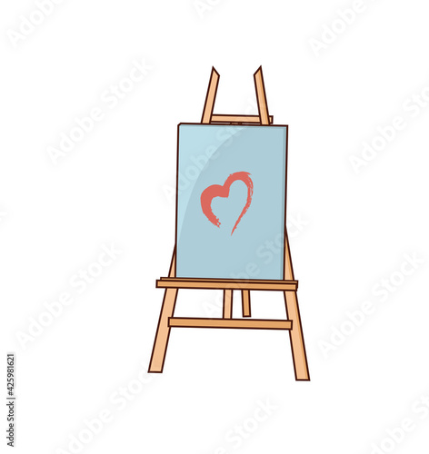 Art materials, easel and canvas for drawing. Drawing on canvas with paints. Isolated objects, design elements, print, vector illustration.