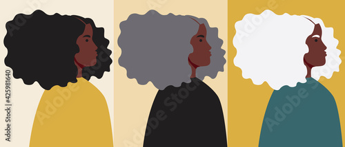 Young, adult, old afro woman, flat vector stock illustration as a concept of aging african woman with gray afro hair