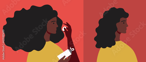Afro woman caring for curly hair, flat vector stock illustration with styling african hairstyles or curls