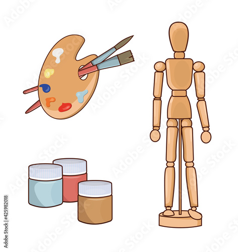 A puppet, a wooden doll on hinges and paint. Layout of the human figure and materials for art, palette and paint. Design element, isolated object, layout print.
