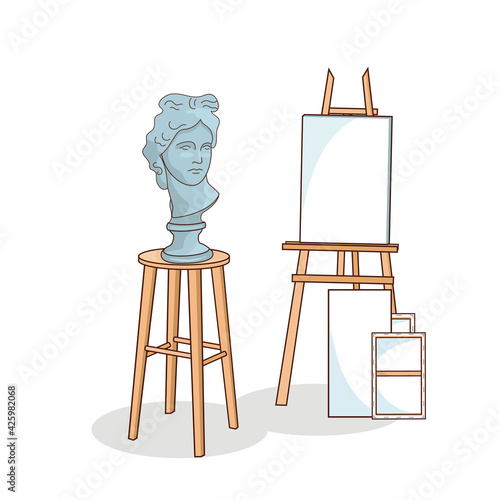 Art materials, easel and canvas for drawing. Plaster head of David. Drawing on canvas with paints. Isolated objects, design elements, print, vector illustration.Background.