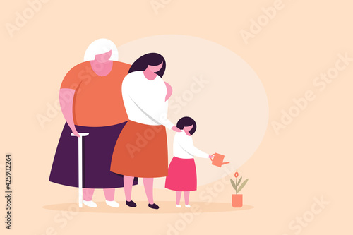 A little girl with her mother and grandmother watering a plant. Concept for Mother s Day