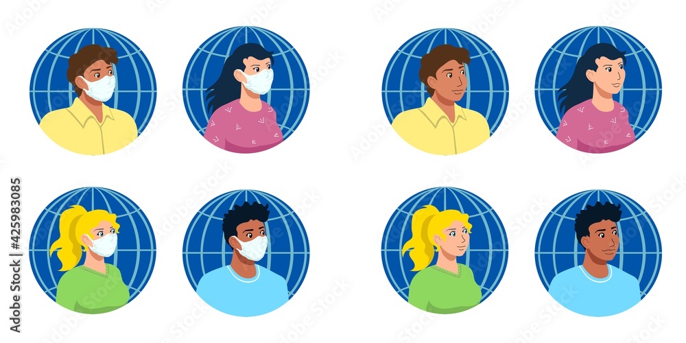 Portraits of people of four different ethnicities with and without medical surgical masks, each on the background of globe. Diversity social concept. Editable avatar, infographic cartoon vector set Portraits of people of four different ethnicities with and without medical surgical masks, each on the background of globe. Diversity social concept. Editable avatar, infographic cartoon vector set