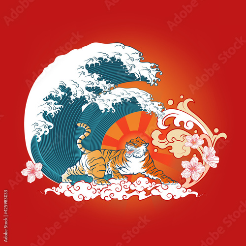 Abstract Art Orange Gradient Tiger with Sakura Flowers, Curvy Clouds below with Sun, Radiant and Torrential Wave with Water Splash Icon on Gradient Background Vector Design Template for Wrapping Paper