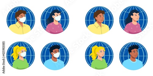 Portraits of people of four different ethnicities with and without medical surgical masks, each on the background of globe. Diversity social concept. Editable avatar, infographic cartoon vector set
