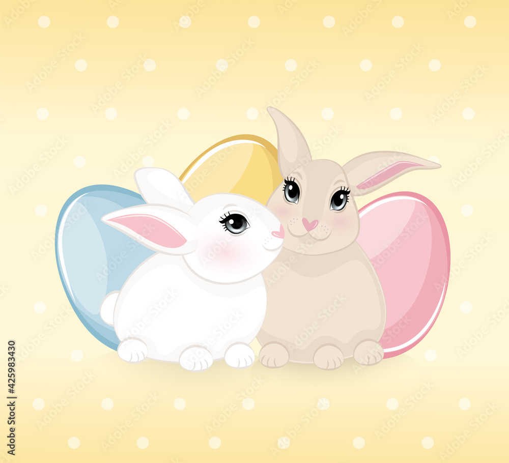 cute Easter bunnies with colorful eggs on background cute Easter bunnies with colorful eggs on background