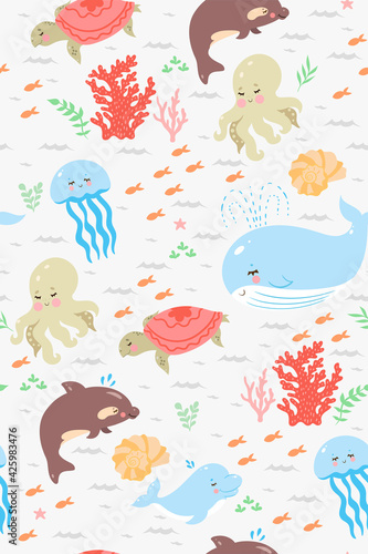 Seamless pattern with cute sea animals. Vector graphics.