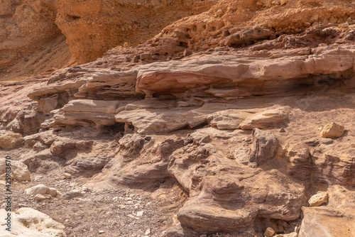Red Canyon in southern Israel. Close up of natural rock formations. 