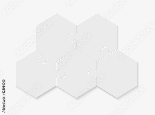 Five pieces of a hexagon puzzle. Hexagonal mosaic infographics.