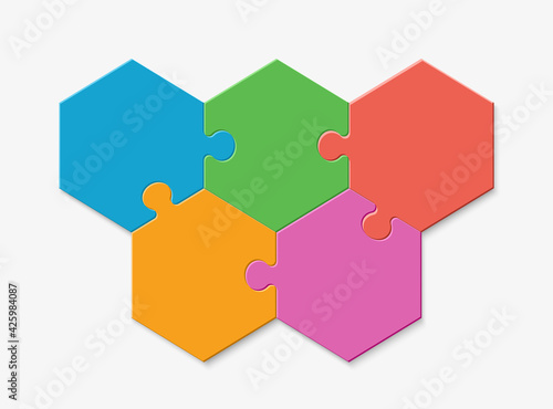 Five pieces of a hexagon puzzle. Hexagonal mosaic infographics.