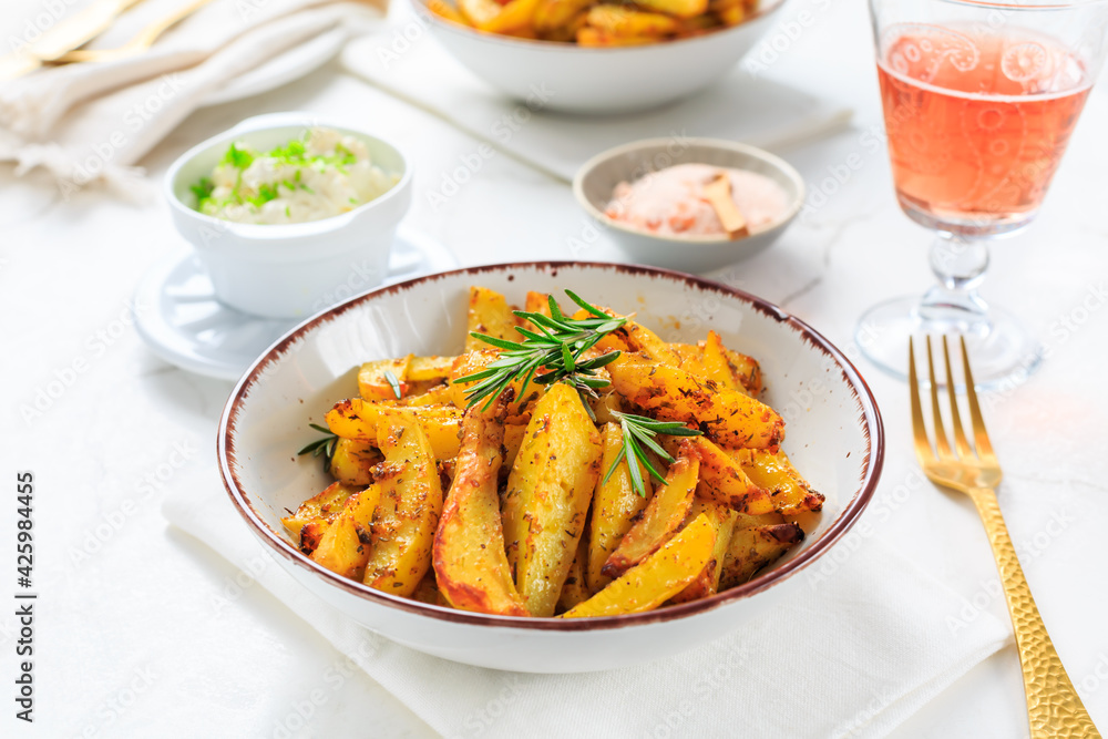 Homemade baked potato wedges with garlic dip Homemade baked potato wedges with garlic dip