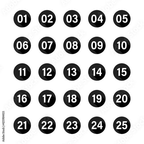 Numbers with long shadow on black circles set. Vector flat illustration. photo