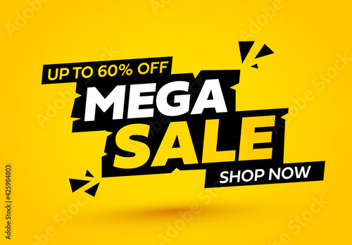 Mega sale banner. Offer sign with yellow background. Vector illustration