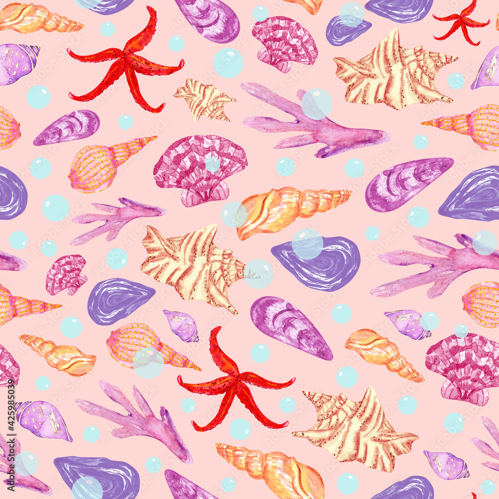 Seashells and starfish on pink background, seamless summer beach cute print. Seashells and starfish on pink background, seamless summer beach cute print.