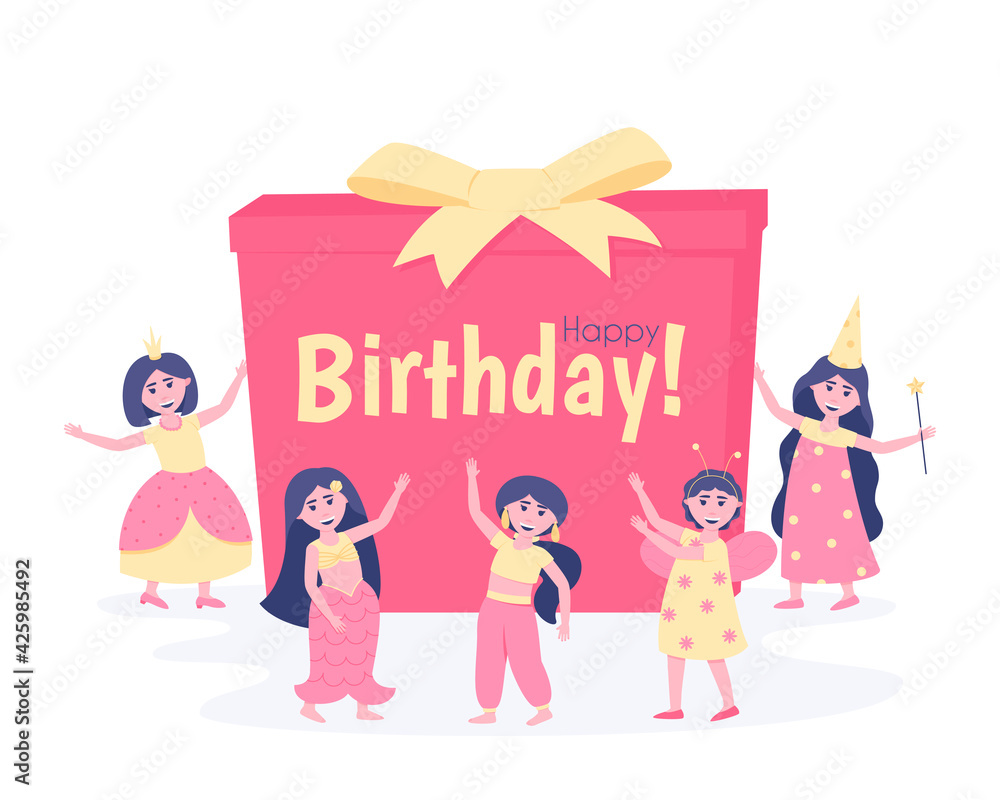Girls with a gift in carnival costumes for their birthday. To participate in the holiday, the girlfriends changed into the costumes of the heroes. Postcard in pink. Flat vector illustration.
Girls with a gift in carnival costumes for their birthday. To participate in the holiday, the girlfriends changed into the costumes of the heroes. Postcard in pink. Flat vector illustration.