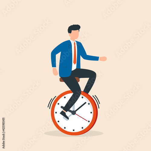 Businessman rides time bike. Time management deadline concept. Vector illustration.