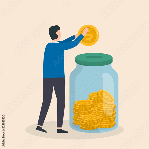 Money saving concept. Man inserting cash into glass jar. Vector illustration