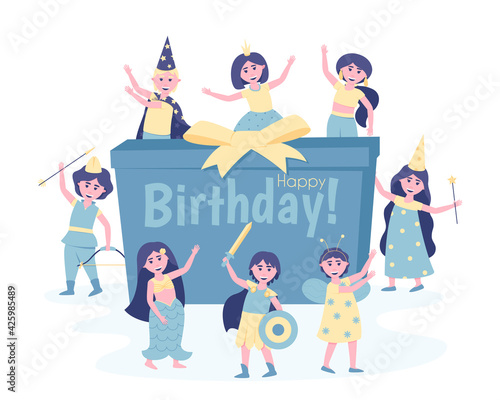Children with a gift in carnival costumes at their birthday party. To participate in the holiday, the children changed into the costumes of the heroes. Festive cheerful mood. Flat vector illustration.